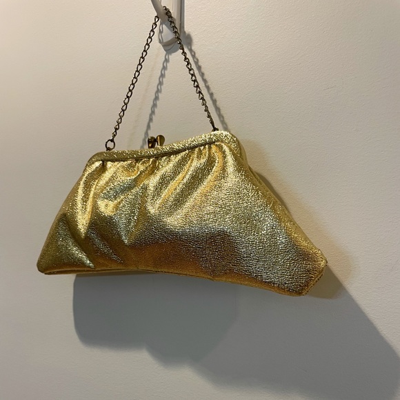 Vintage 50s Gold Lame Top Handle Chain Strap Kiss Lock Handbag - Picture 4 of 13